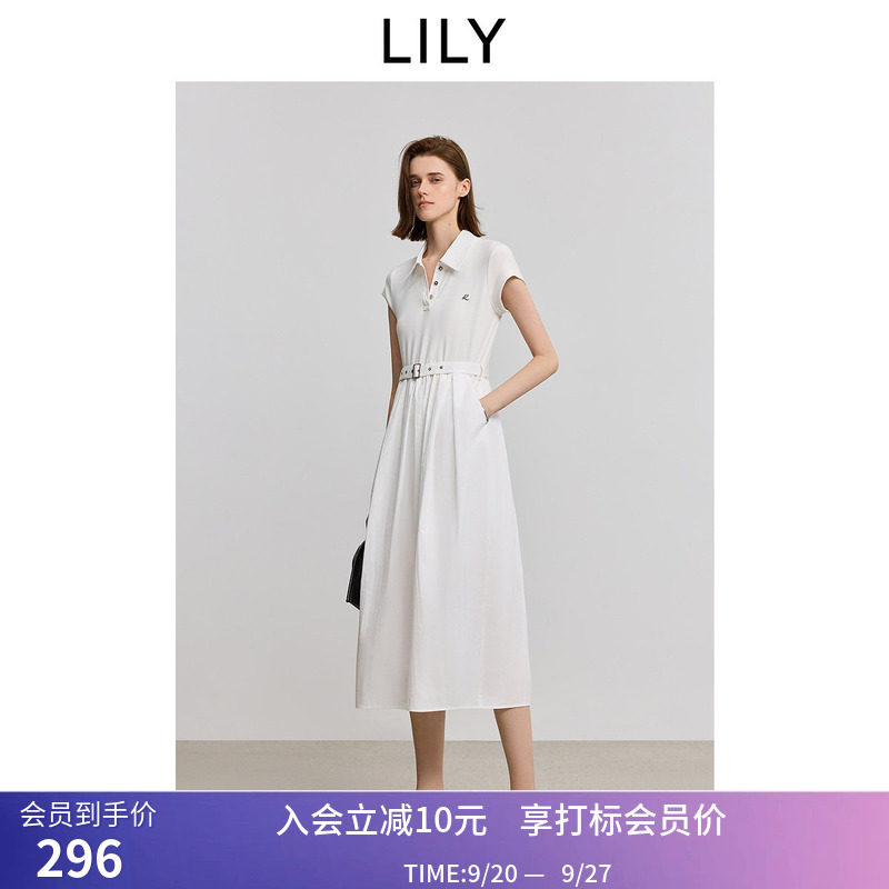LILY夏新款简约气质POLO领腰带收腰休闲薄款白色短袖连衣裙女										