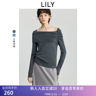 LILY2025冬新款女装羊毛混纺法式不对称一字肩柔软修身套头针织衫