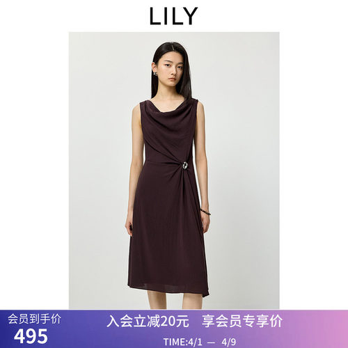 LILY2026夏新款醋酸混纺复古荡领不对称收腰棕色无袖背心连衣裙女