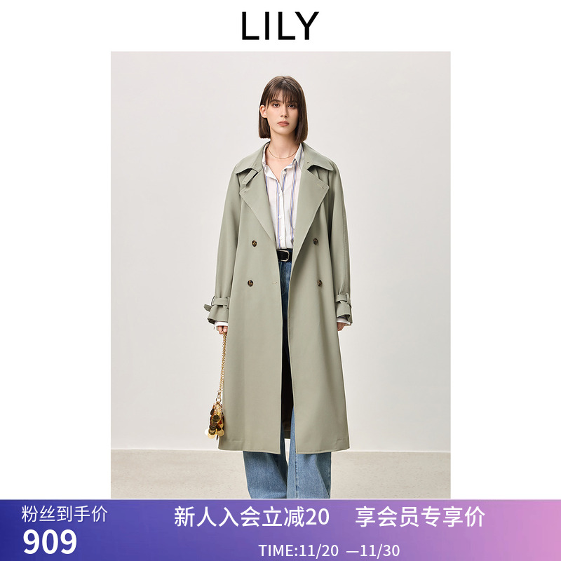 【商场同款】LILY2025春新款女装经典双排扣腰带通勤风衣外套长款