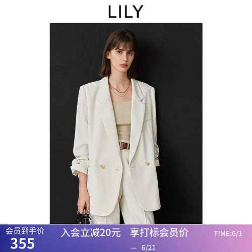 LILY春新款女装气质宽松休闲百搭职业通勤米色薄款西装外套
