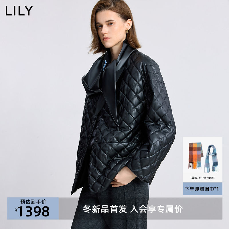 LILY2025冬新款女装含围巾复古PU皮菱格90鸭绒轻薄羽绒服外套短款