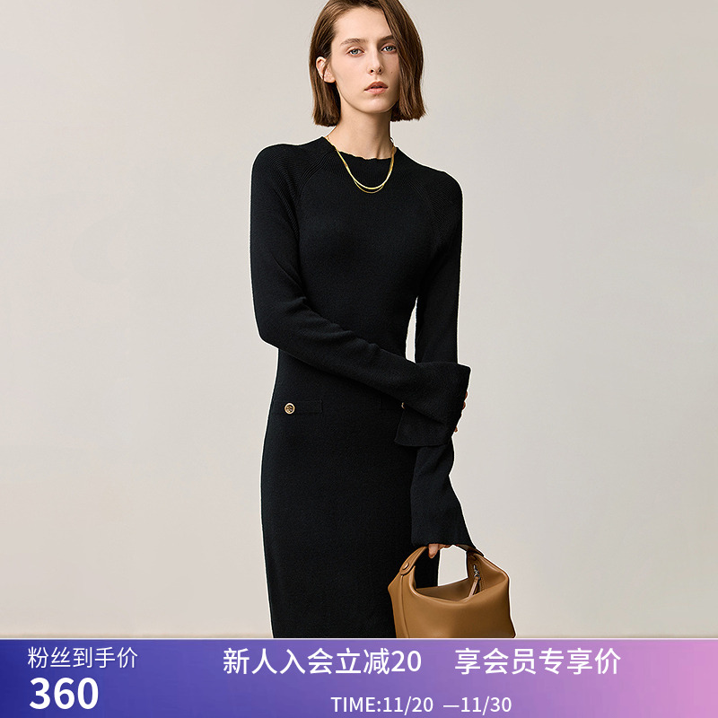 【商场同款】LILY冬新款女装绵羊毛修身收腰针织连衣裙小黑裙