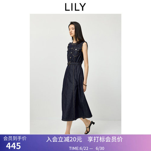 LILY2026夏新款莱赛尔复古圆领收腰木耳边无袖牛仔连衣裙女