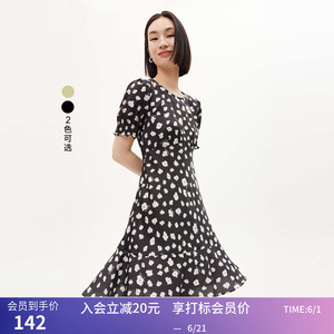 LILY夏新款女装时尚印花温柔气质通勤优雅荷叶花边短袖连衣裙