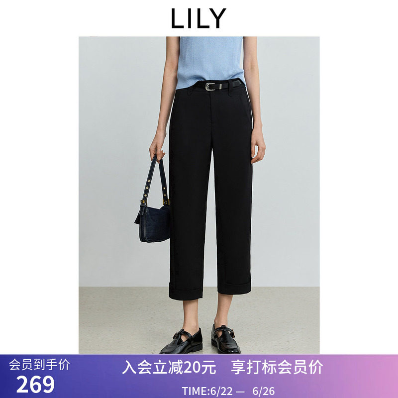LILY2026夏新款女装简约窄版垂感八分烟管裤休闲通勤小黑裤直筒裤