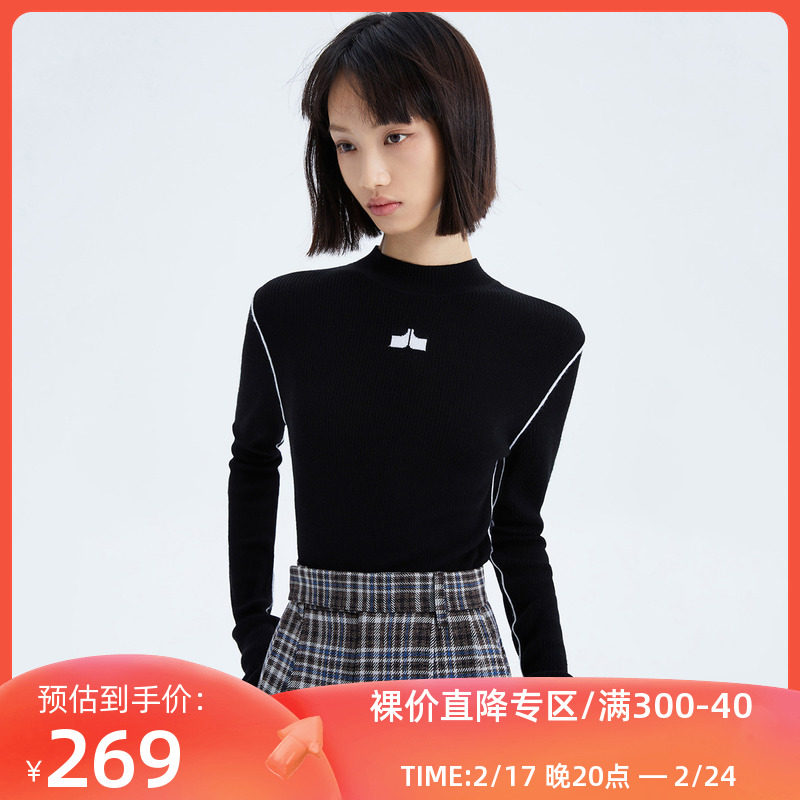 【商场同款】LILY春新款女装柔软保暖全羊毛黑色针织衫打底衫