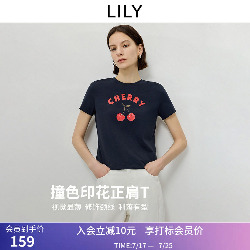 LILY2026夏新款含莱赛尔简约撞色水果字母印花正肩圆领短袖T恤女