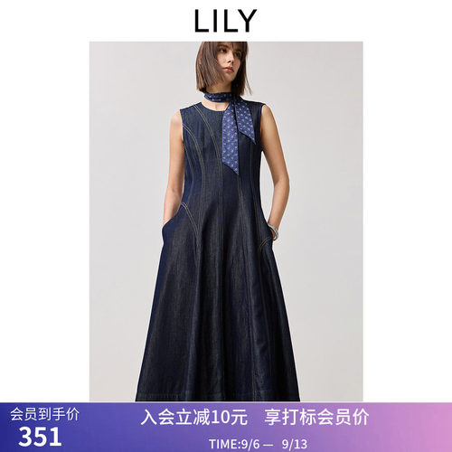 【商场同款】LILY夏新款设计感复古收腰无袖圆领牛仔连衣裙女