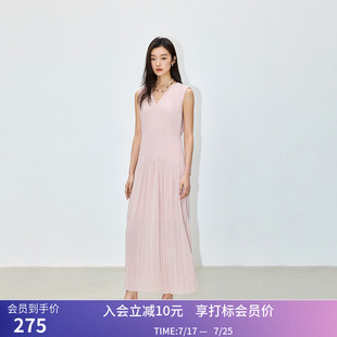 LILY夏新款女装设计感学院风百褶气质V领通勤长款高腰连衣裙