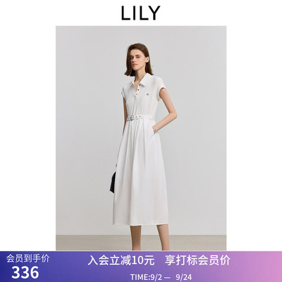 LILY夏新款简约气质POLO领腰带收腰休闲薄款白色短袖连衣裙女