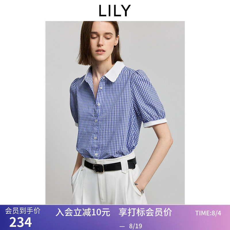 LILY夏新款简约气质蓝色格纹宽松休闲百搭通勤短袖衬衫外套女
