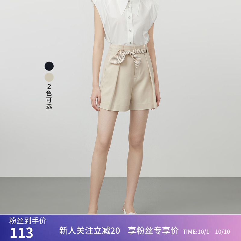 【商场同款】LILY夏新款女装含天丝亚麻丝巾腰带阔腿休闲短裤
