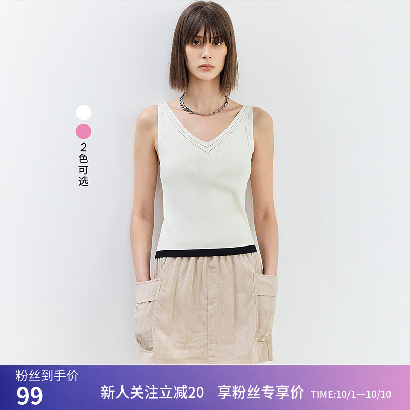 LILY夏新款女装气质拼色时尚V领修身针织吊带背心上衣打底衫
