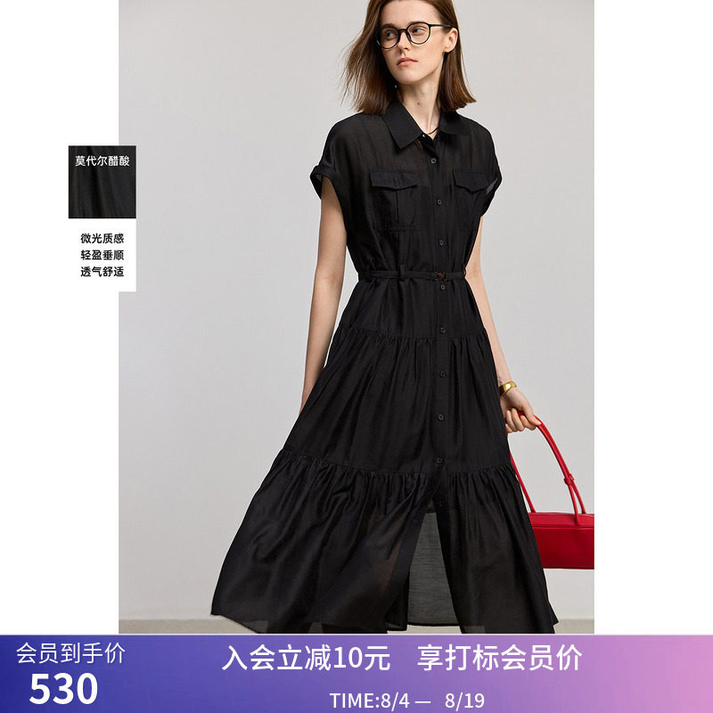 小黑裙LILY夏新款莫代尔醋酸混纺工装衬衫领连袖收腰连衣裙女