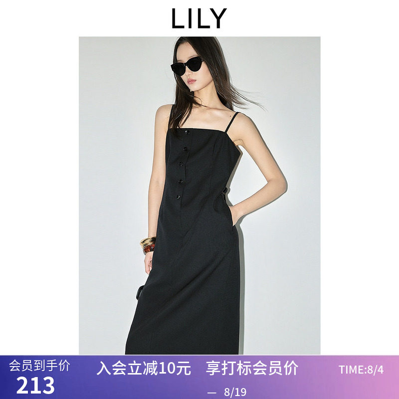 吊带小黑裙LILY春新款复古气质修身收腰百搭通勤黑色连衣裙女