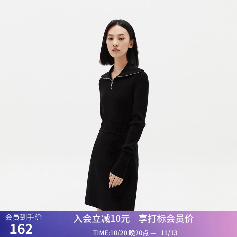 【商场同款】LILY冬新款女装复古优雅通勤款针织连衣裙小黑裙