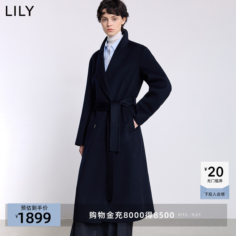 100%羊毛商场同款LILY2025冬新款老钱正肩腰带毛呢大衣外套女长款
