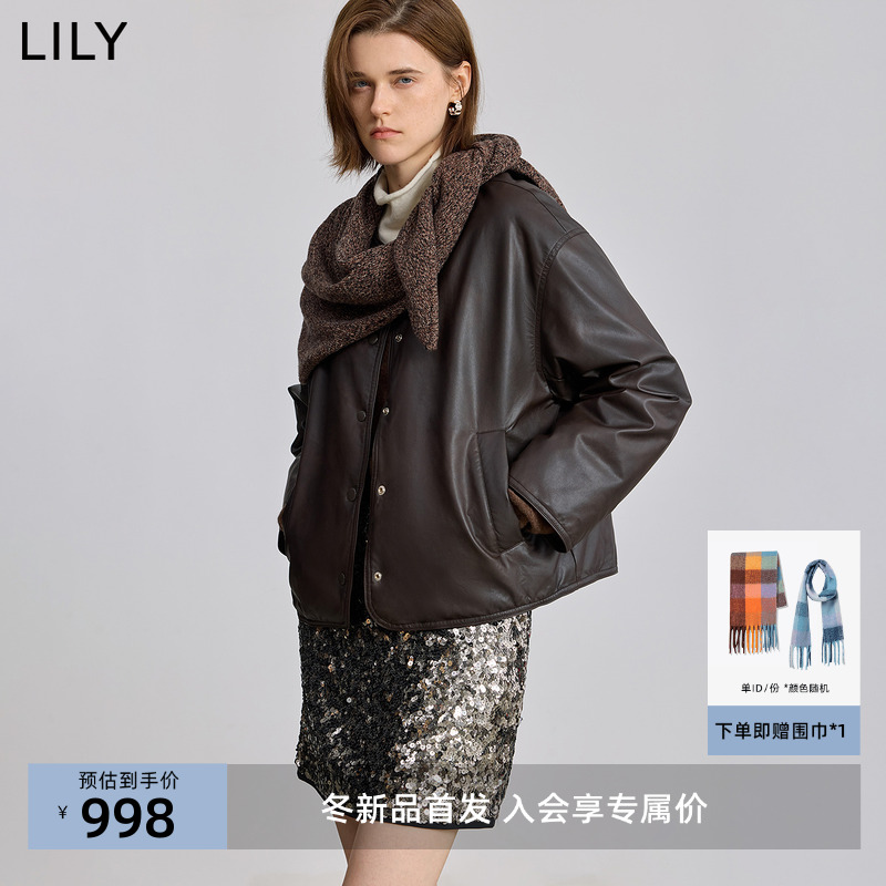 LILY2025冬新款女装双面穿PU皮90鸭绒休闲通勤轻量羽绒服外套短款