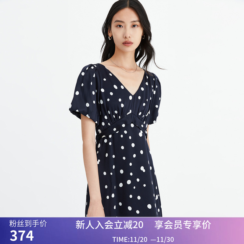 【商场同款】LILY夏新款女装垂坠桑蚕丝浪漫泡泡袖V领连衣裙