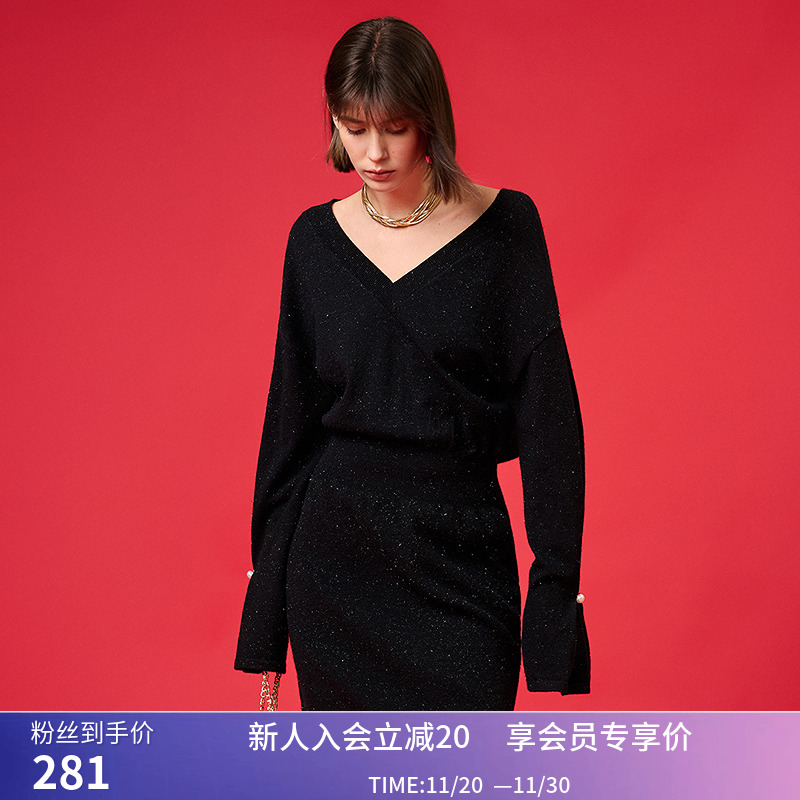 【星光裙】LILY冬新款女装圣诞细闪收腰V领气质连衣裙小黑裙