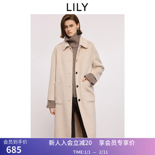 100%羊毛LILY2025冬新款简约翻领宽松通勤浅色毛呢大衣外套女长款