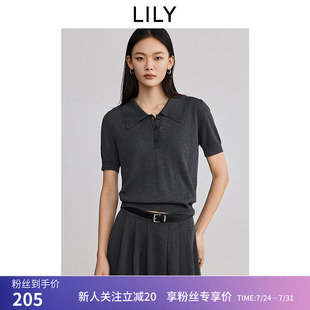 女短款 LILY2025春新款 T恤针织衫 格雷系老钱风POLO领修身 通勤短袖