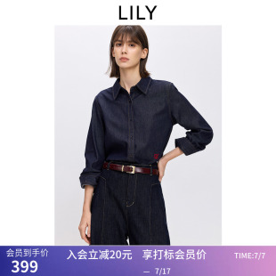 LILY2026秋新款复古翻领宽松休闲百搭通勤深色长袖牛仔衬衫外套女