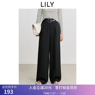 LILY春新款高智感宽松百搭通勤黑色直筒阔腿裤休闲裤女小黑裤