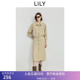 LILY秋新款工装收腰休闲通勤直筒衬衫裙卡其色连衣裙女