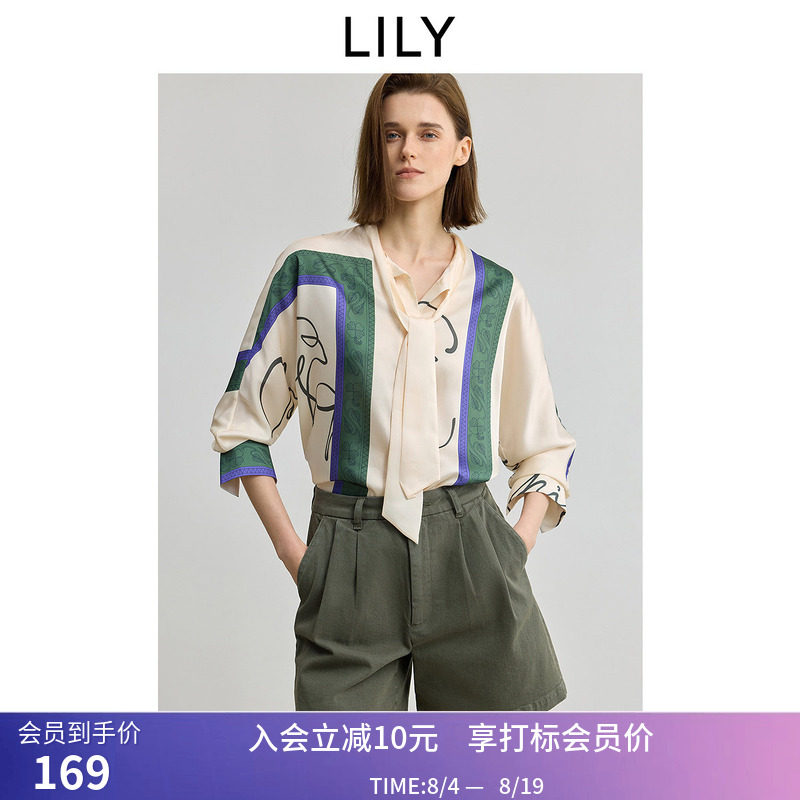 【商场同款】LILY秋新款女装复古飘带领印花休闲长袖衬衫外套
