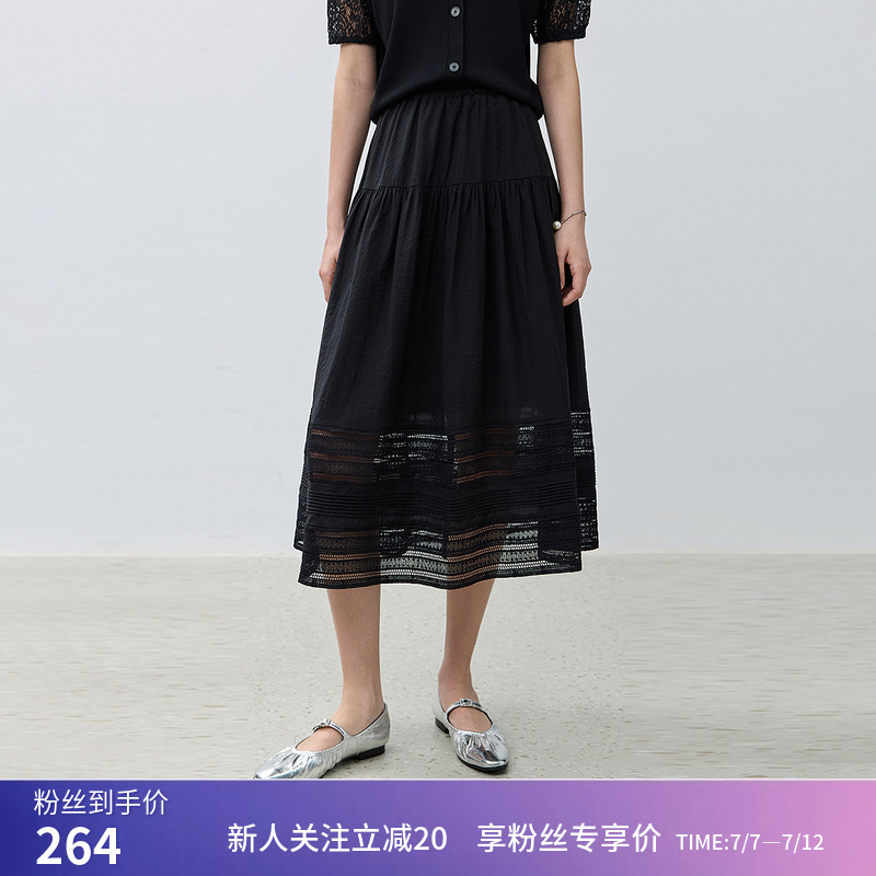 LILY秋新款女装莱赛尔镂空蕾丝高腰优雅复古黑色A字半身裙女