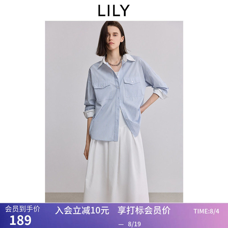 LILY夏新款女装复古撞色竖条纹气质百搭宽松通勤衬衫外套