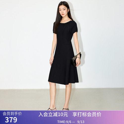 LILY春新款女装复古气质优雅A字高腰垂坠感通勤连衣裙小黑裙