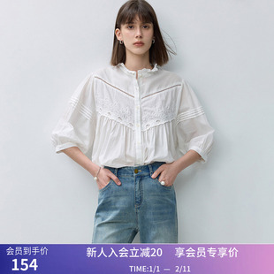 LILY秋新款女装泡泡袖时尚花边领蕾丝拼接镂空宽松全棉衬衫女