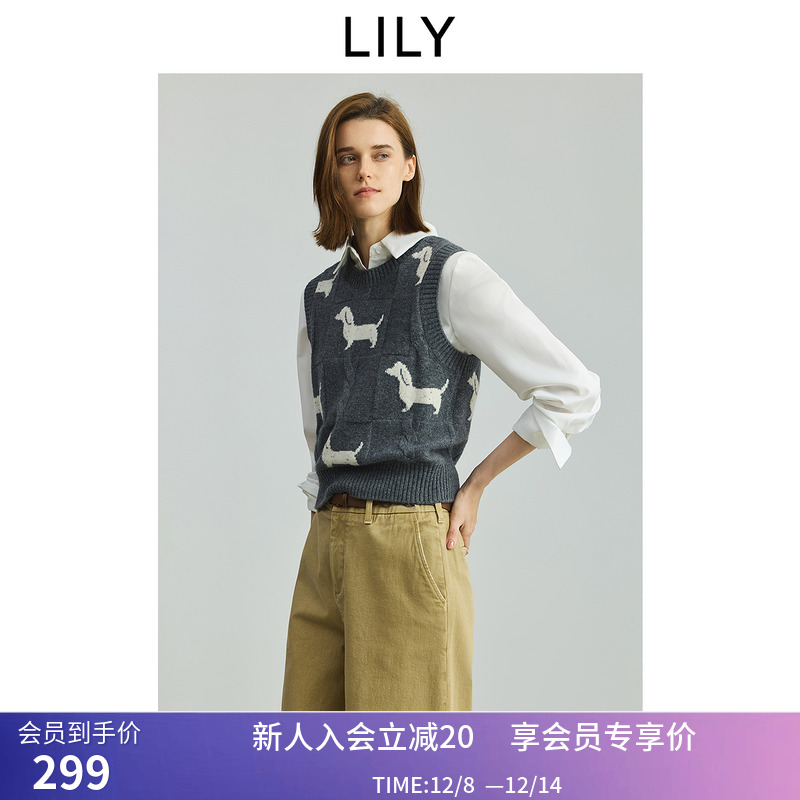 【商场同款】LILY2025秋新款女装羊毛兔毛混纺小狗图案无袖针织衫