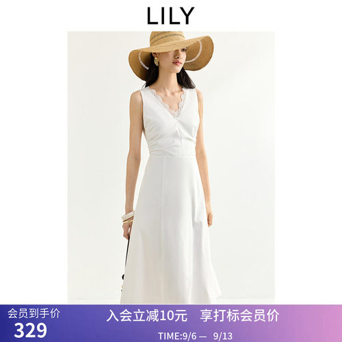 LILY2026夏新款女装法式V领蕾丝拼接收腰气质通勤白色无袖连衣裙