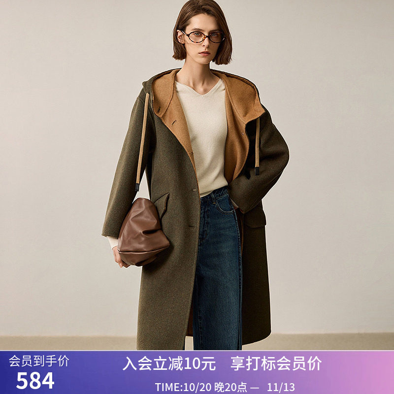 LILY冬新款女装100%绵羊毛学院风连帽抽绳宽松撞色双面呢大衣