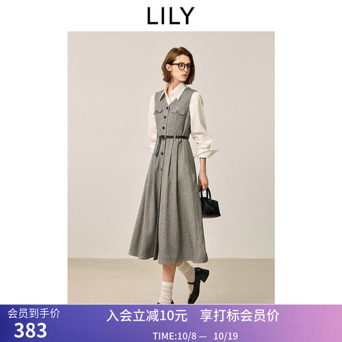 LILY冬新款女装格雷系复古无袖收腰V领气质通勤马甲式连衣裙
