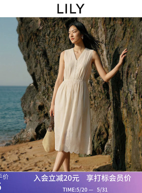 LILY2026夏新款女装纯棉法式V领镂空蕾丝绣花收腰白色无袖连衣裙