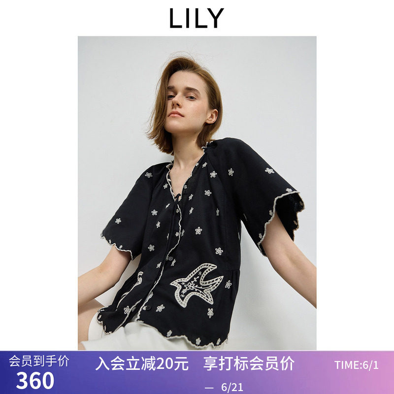 LILY夏新款女装棉麻艺术感撞色飞鸟花朵刺绣系带V领短袖衬衫