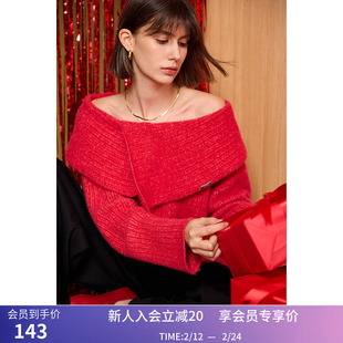 LILY冬新款女装优雅气质一字肩荡领宽松设计感休闲针织衫短款