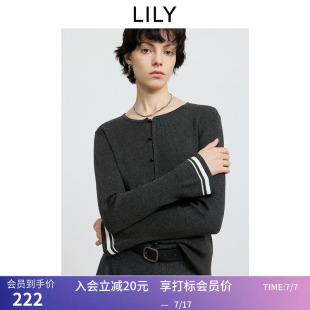 LILY冬新款格雷系圆领撞色拼接条纹喇叭袖灰色针织衫女