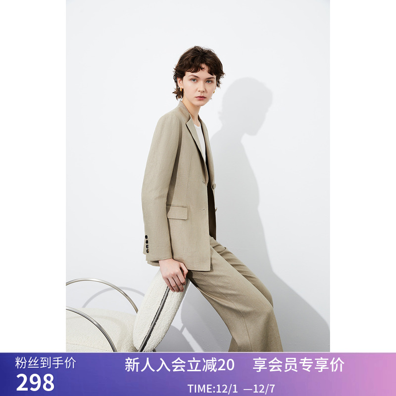 【商场同款】LILY春新款女装通勤设计感立领翻领亚麻西装外套