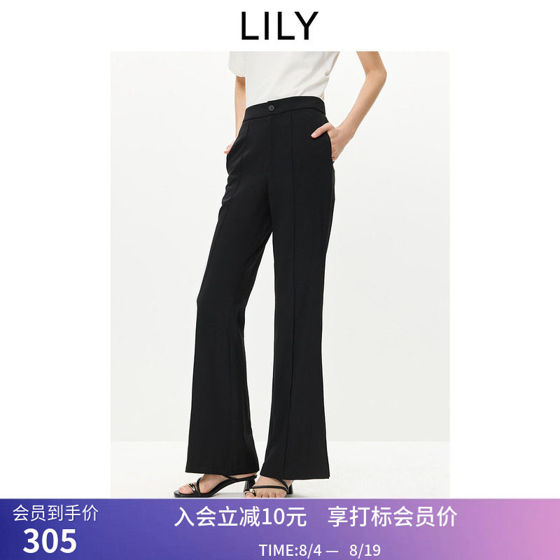 LILY2026夏新款经典复古休闲裤修身窄版百搭通勤黑色微喇裤女裤子