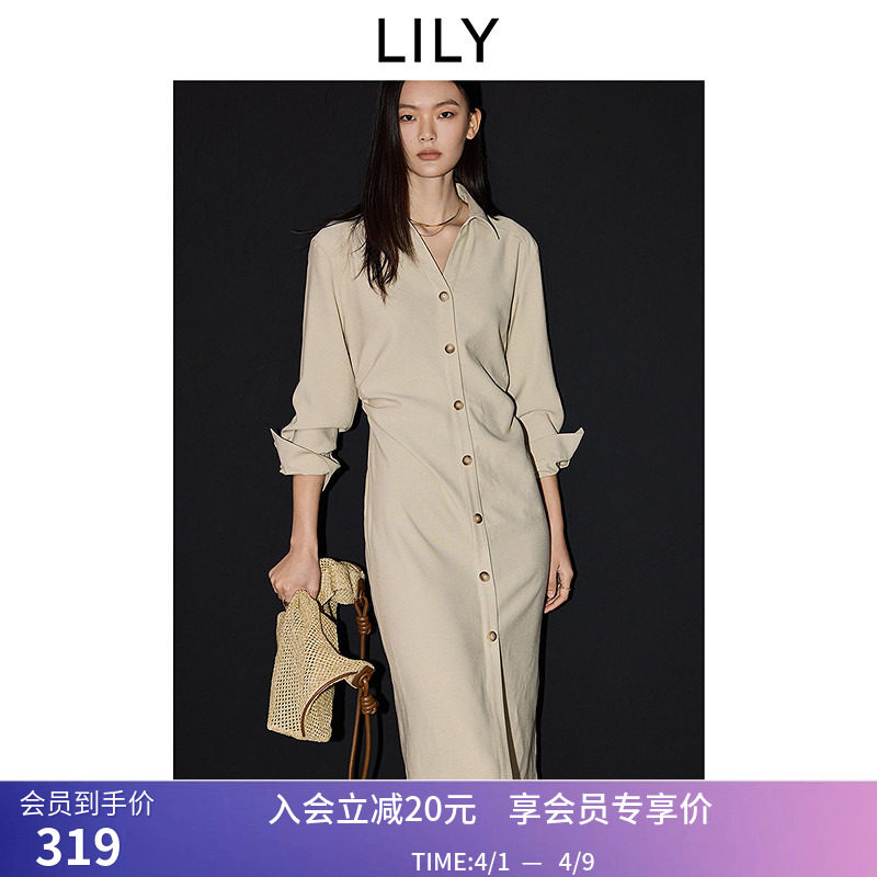 LILY春简约通勤宽松休闲收腰显瘦衬衫裙卡其色连衣裙长裙女