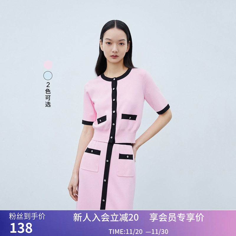 【商场同款】LILY夏新款女装复古小香风别致排扣短袖针织开衫