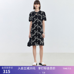 【商场同款】LILY夏款A字型时尚新中式盘带绣花泡泡袖连衣裙