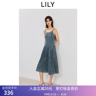 LILY夏新款女装复古宽松休闲收腰百搭可调节吊带裙牛仔连衣裙