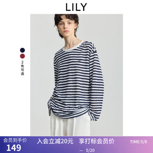 LILY冬新款简约撞色条纹圆领宽松休闲百搭通勤长袖T恤女上衣